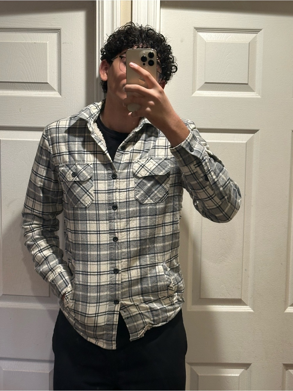 American Rag Cream and Gray Plaid Sherpa-Lined Shirt Jacket